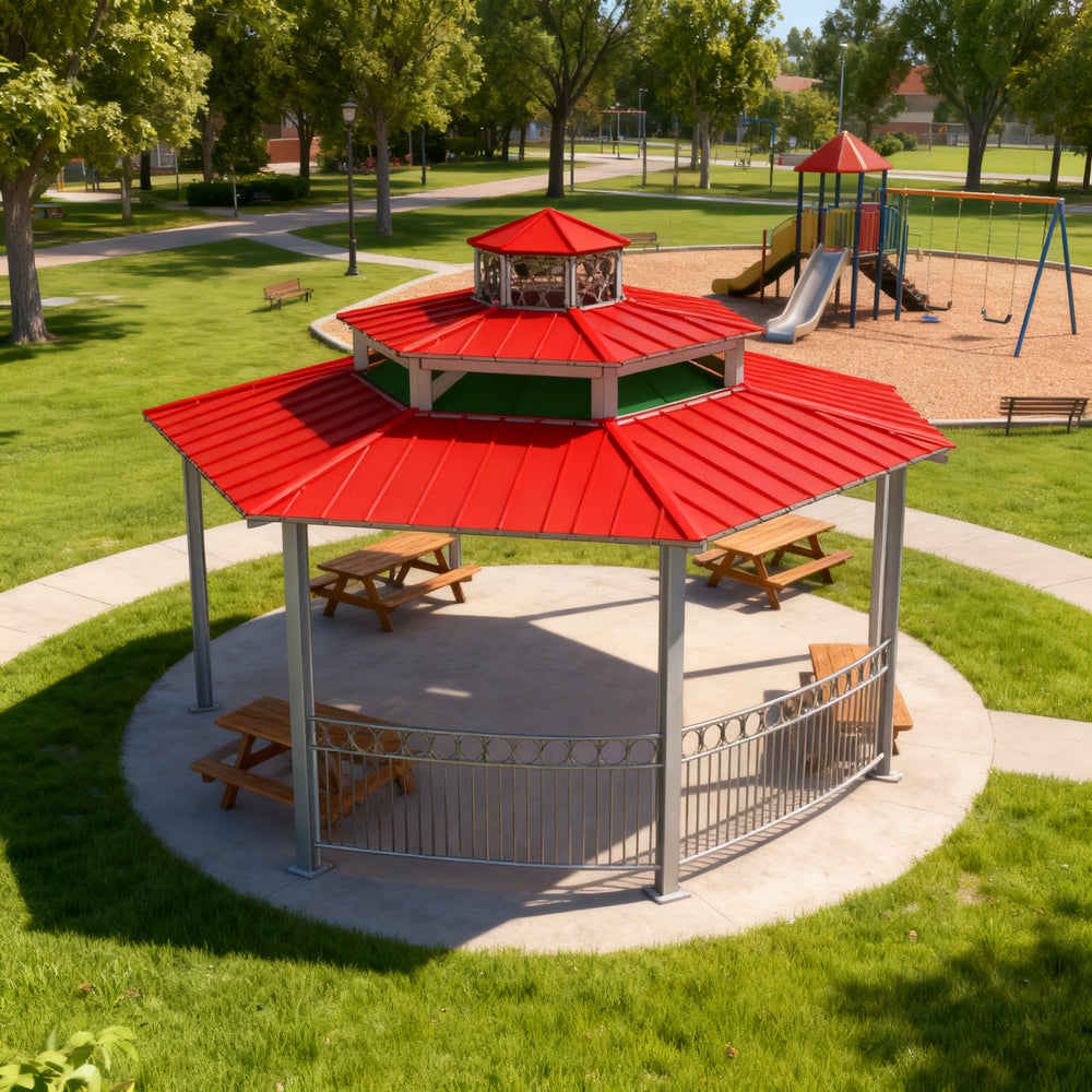Close‑up of decorative steel railing and vertical support columns on gazebo