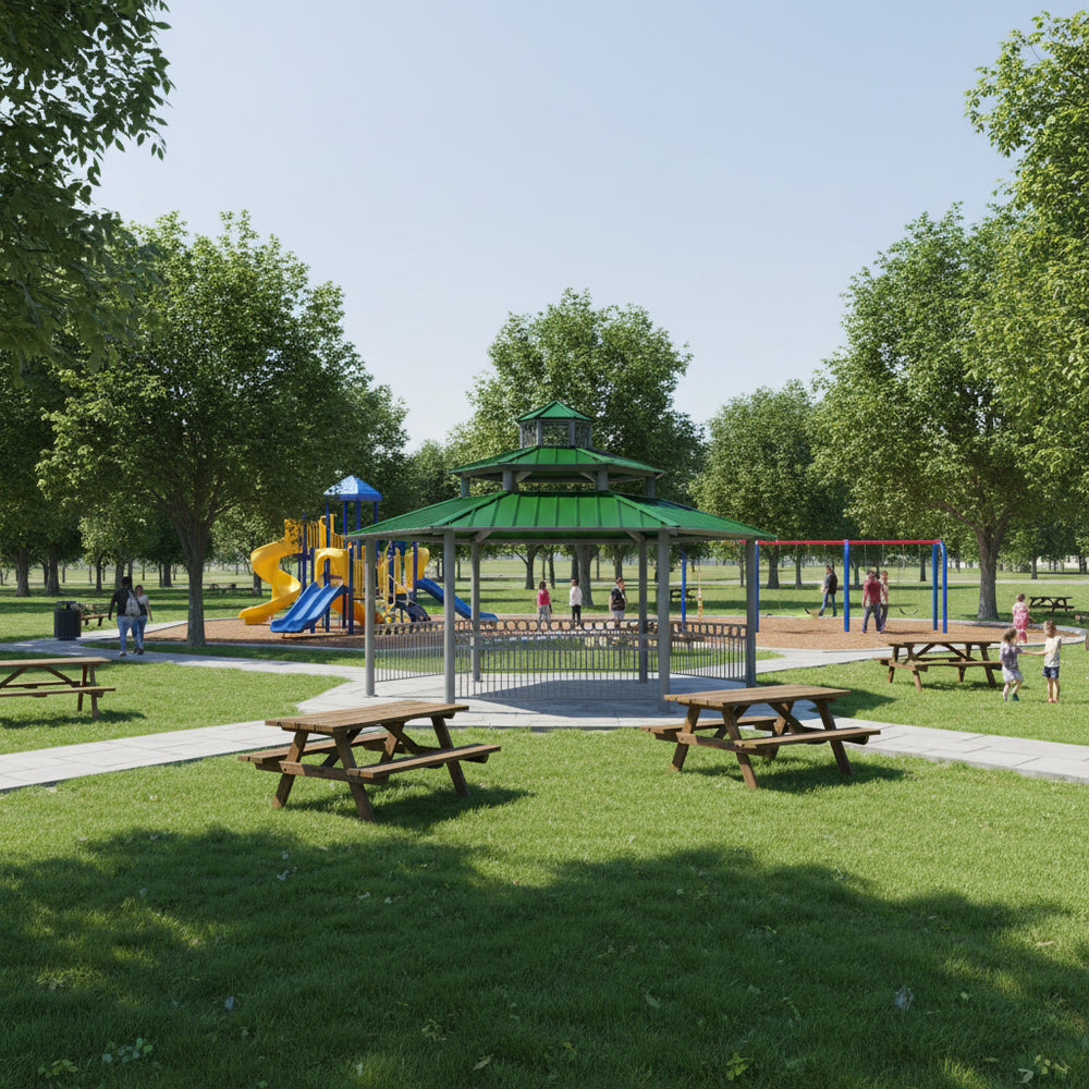 Three‑tier steel gazebo with green roof photographed against white background