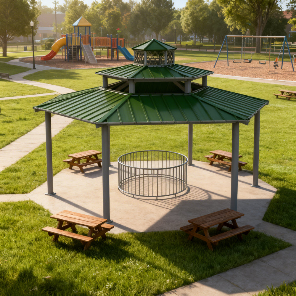 Green metal gazebo with picnic tables in a park setting
