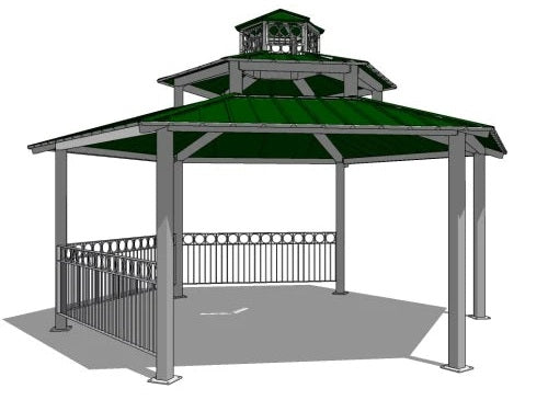 Gazebo with green roof and gray frame on a white background