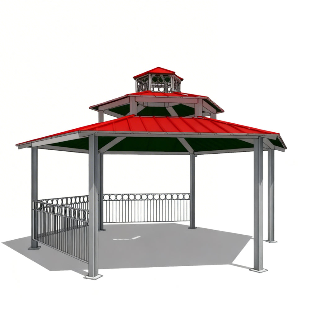 Three‑quarter angle of two‑tier hexagon gazebo with open‑air design.