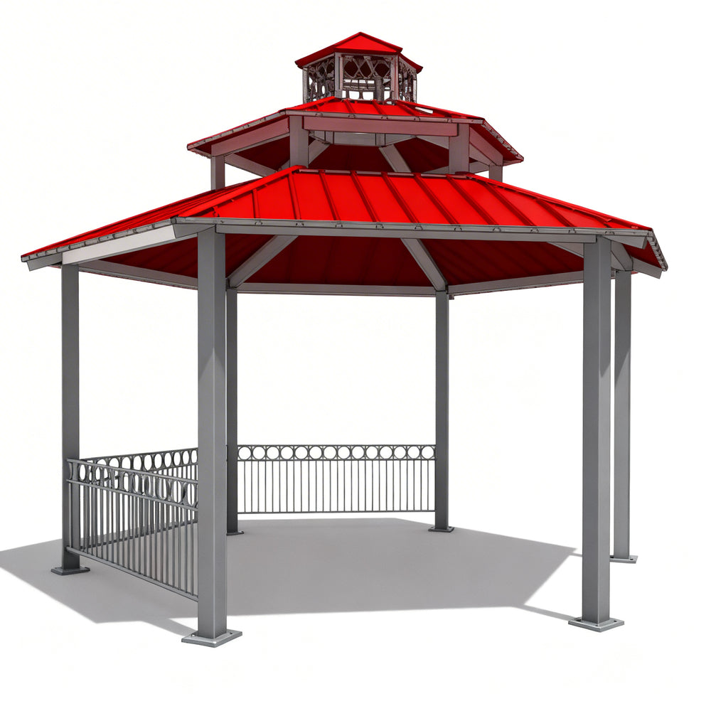 Close‑up of decorative steel railing and vertical support columns on gazebo