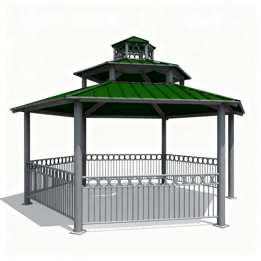 Hexagon two‑tier steel gazebo with red metal roof and black support columns.