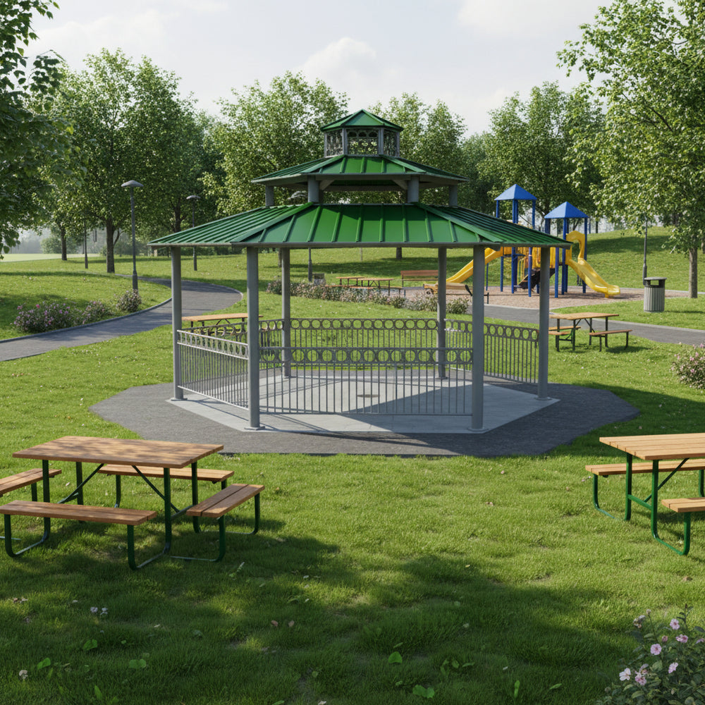 Side view of two‑tier red roof gazebo showing vented upper tier