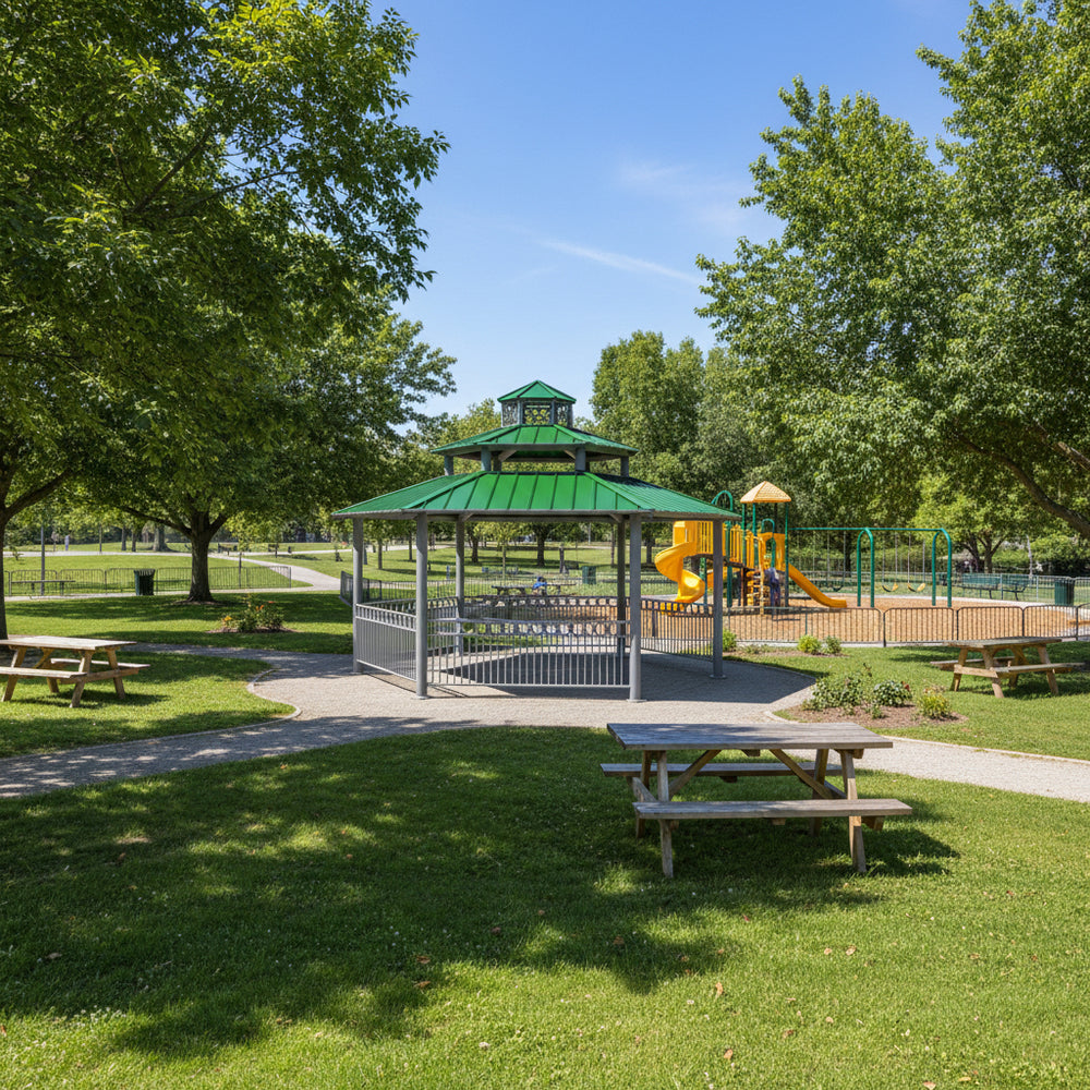 Side angle of green‑roof hexagon gazebo with two tiers and top cap