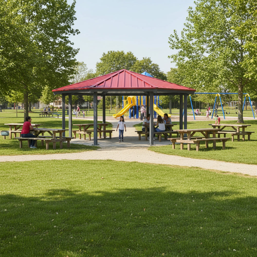 Park with picnic tables, a red-roofed gazebo, and a playground in the background.