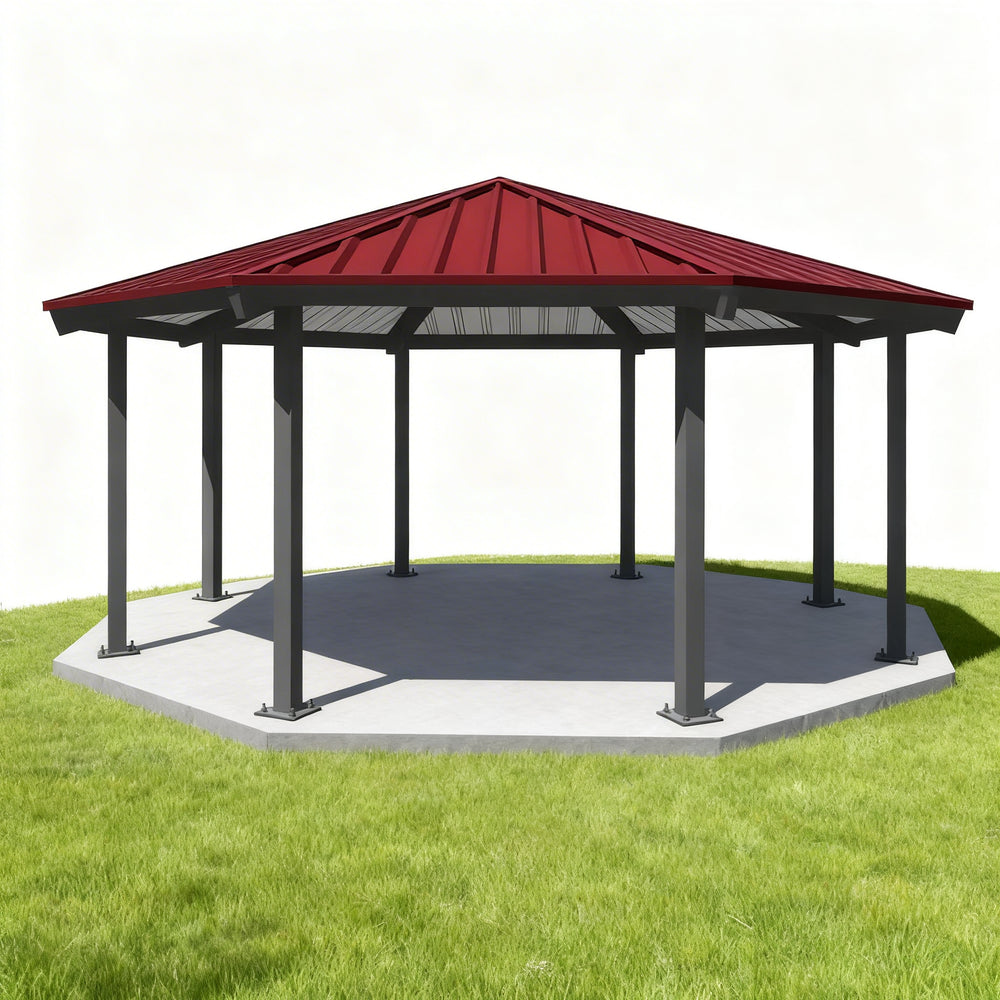 Hexagonal gazebo with a red roof on a white background