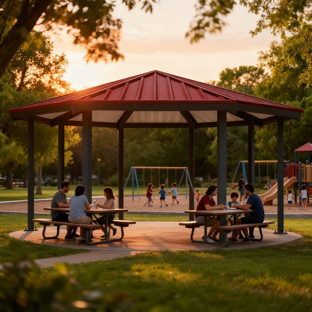 Outdoor architectural gazebo with red metal roof and octagonal steel frame.