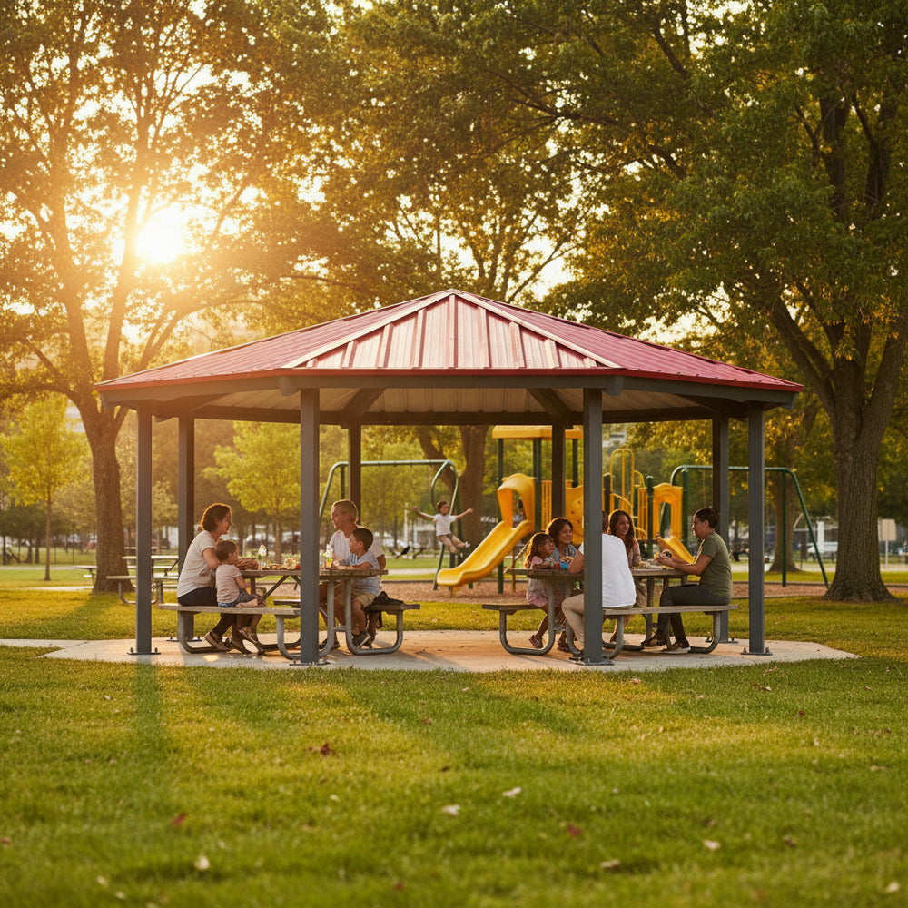 Top‑down angle showing octagon gazebo roof structure and geometric layout