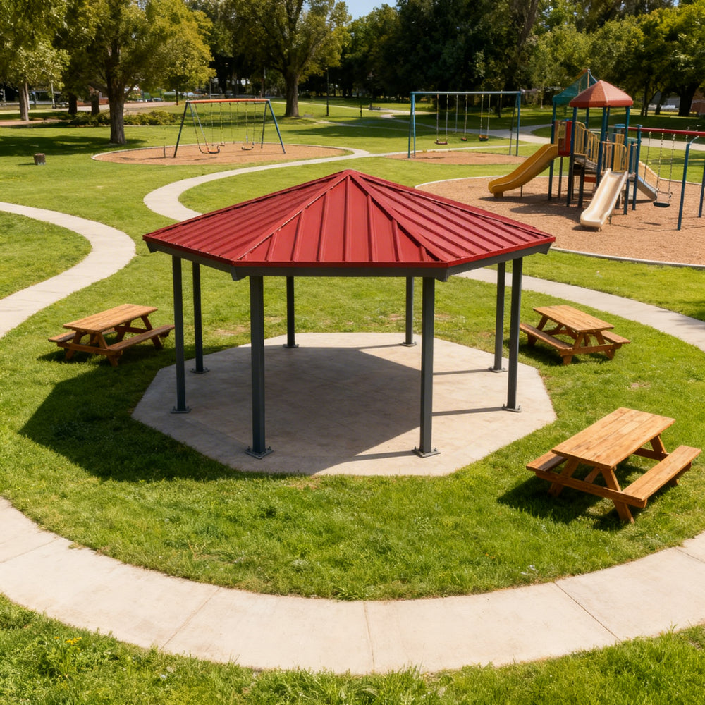 Full product view of octagon steel gazebo with red roof and modern architectural design