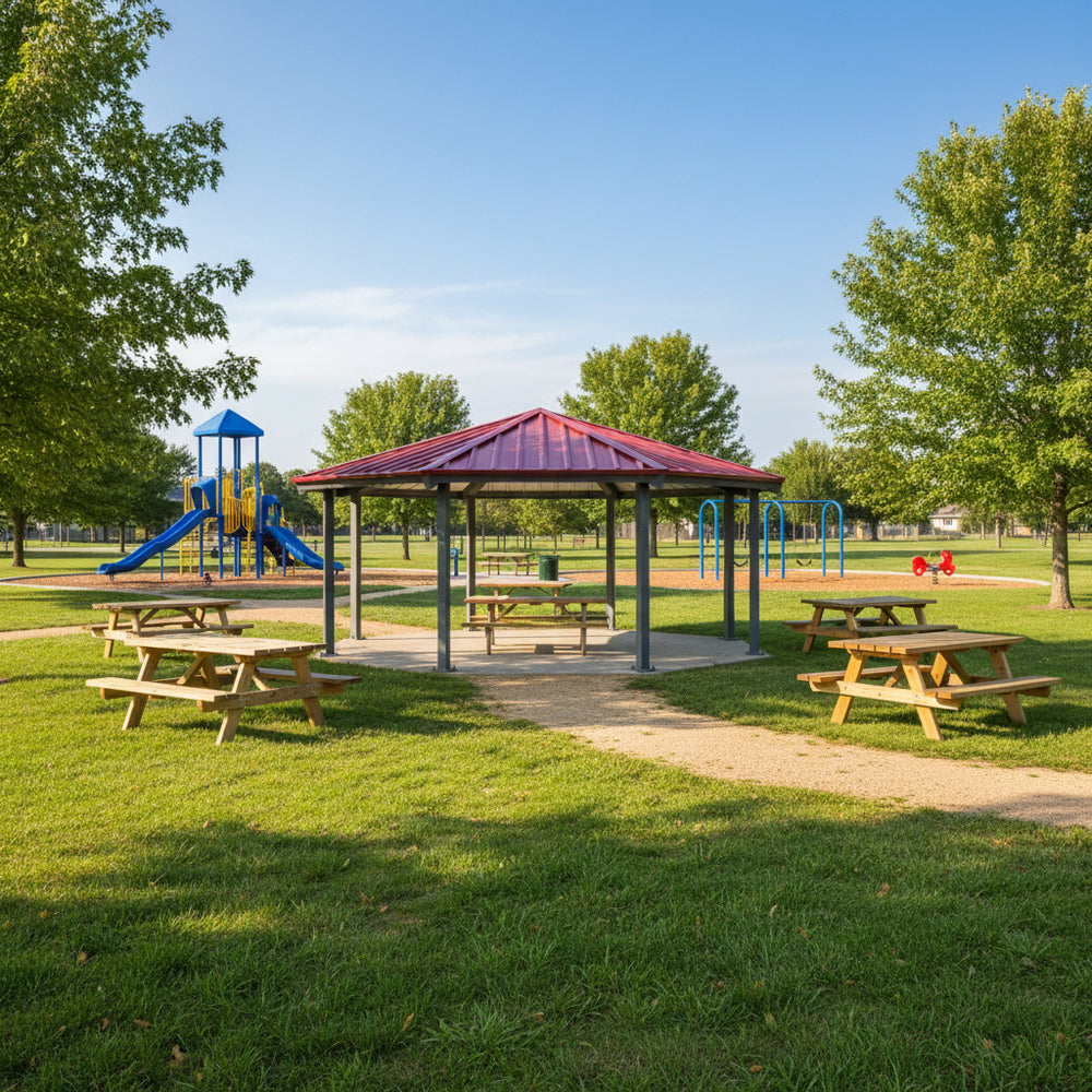 Outdoor architectural gazebo with red metal roof and octagonal steel frame.