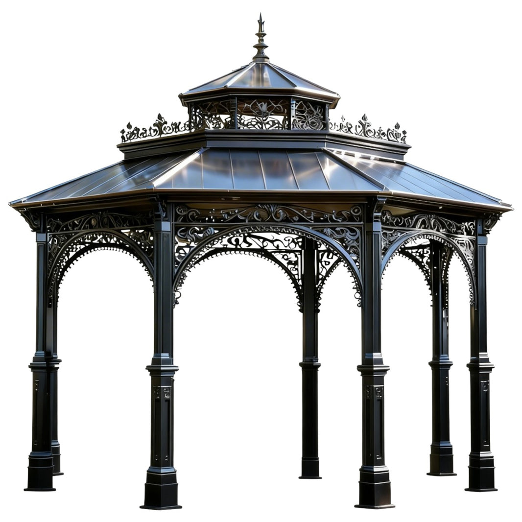 Ornate octagon steel gazebo with decorative scrollwork and pointed roof finial