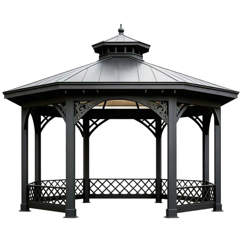 Octagon two‑tier decorative steel gazebo with scrollwork, lattice railing, and cupola roof