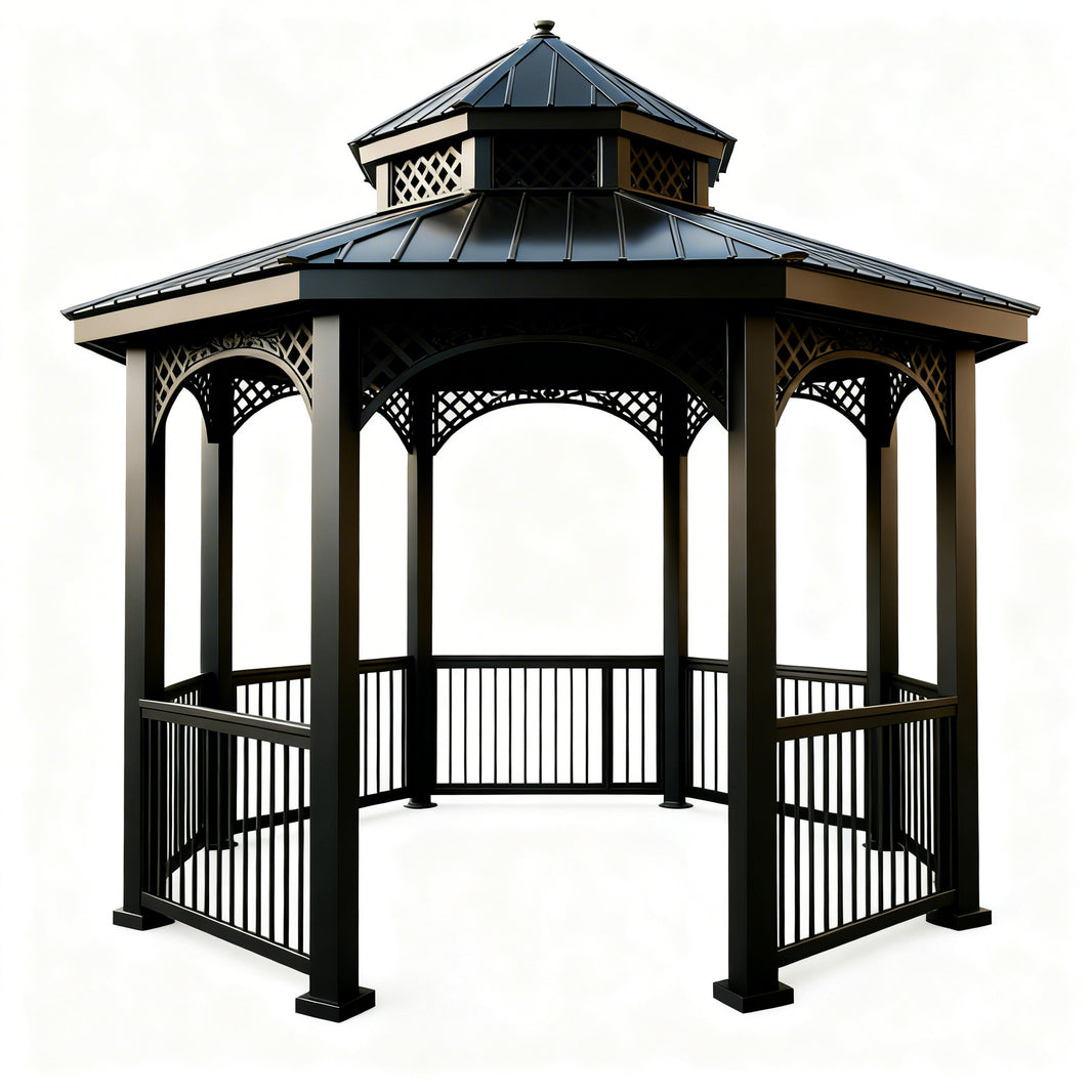 Hexagon two‑tier decorative steel gazebo with lattice railing and pointed finial