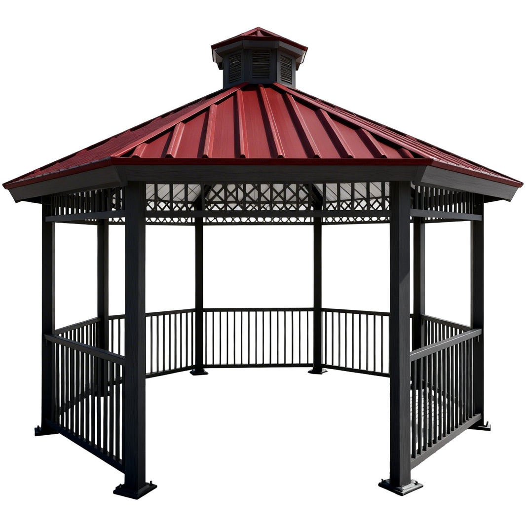 Octagon steel gazebo with red metal roof and decorative cap on open platform