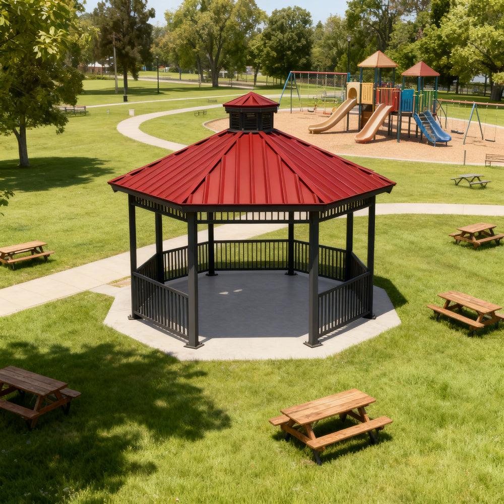 Outdoor architectural gazebo with red roof and octagonal steel frame