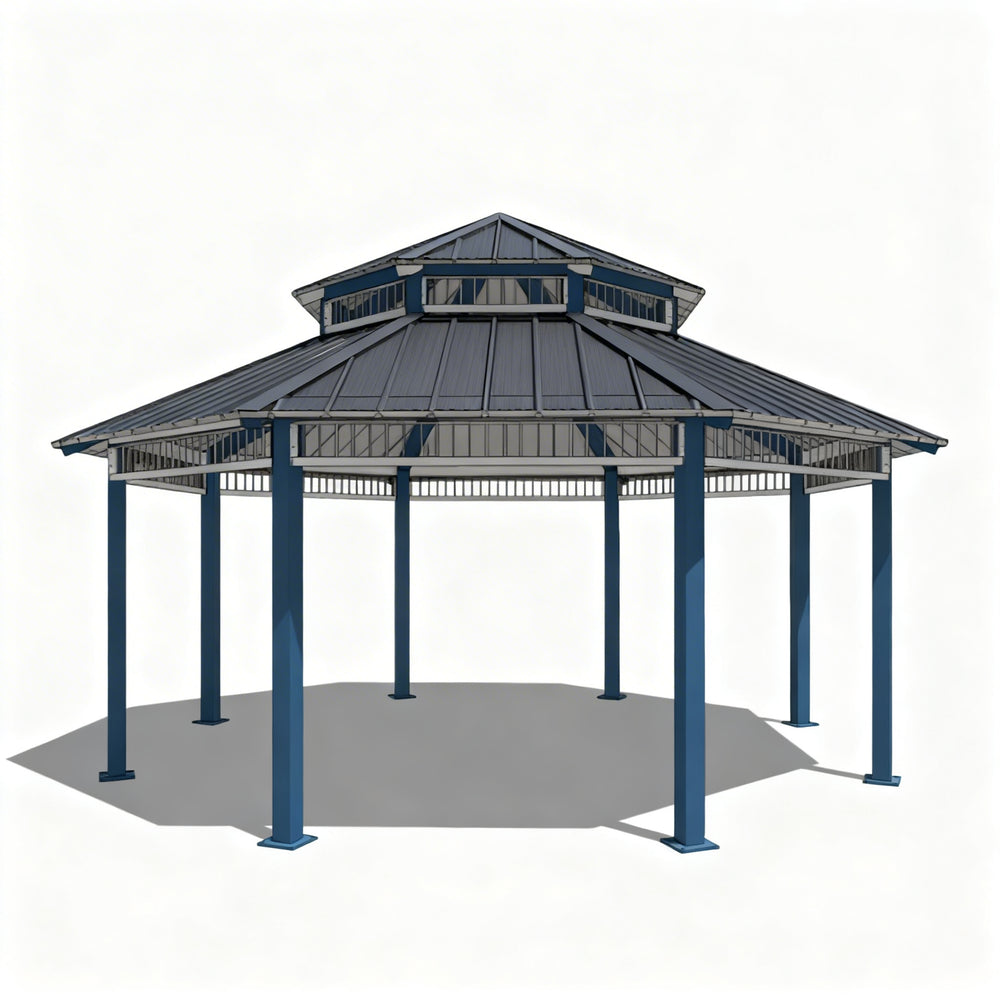 Octagon two‑tier steel gazebo with red metal roof and blue support columns
