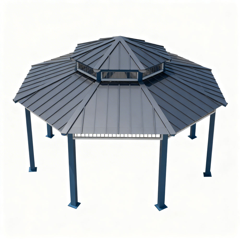 Hexagonal gazebo with a slanted roof on a white background