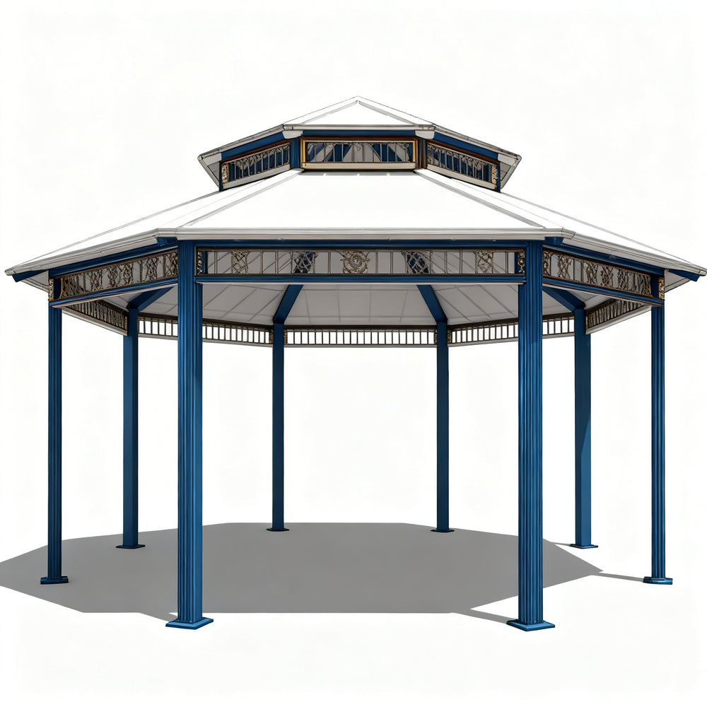 Blue and white gazebo with decorative roof on a white background