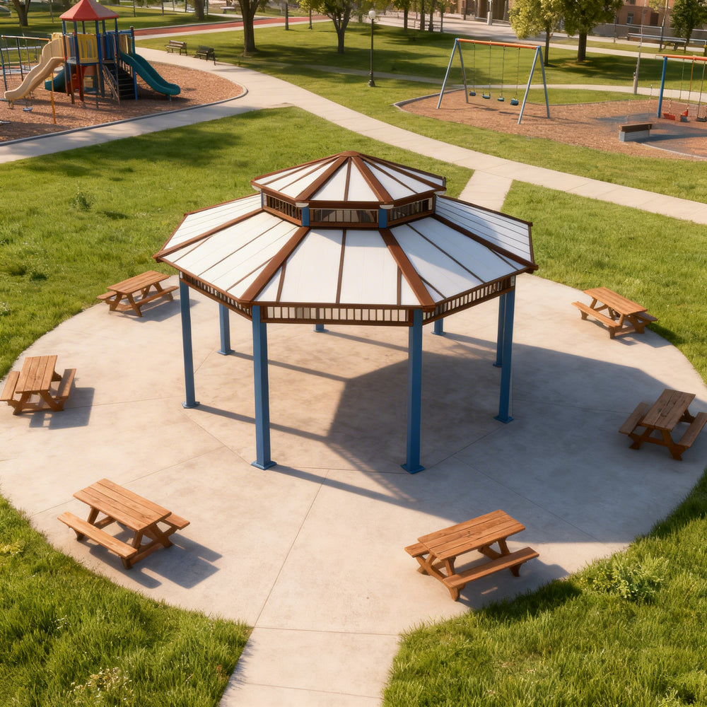 Three‑quarter view of octagon two‑tier gazebo with steel frame and roof vents