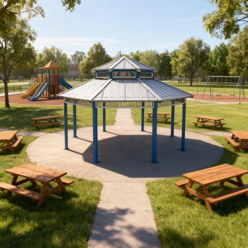 Octagon two‑tier steel gazebo photographed on light‑colored surface.