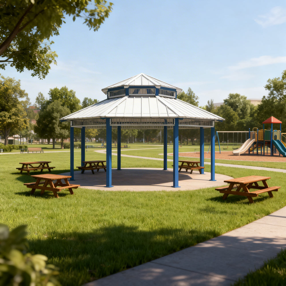 Top‑down angle showing octagon gazebo roof structure and geometric layout