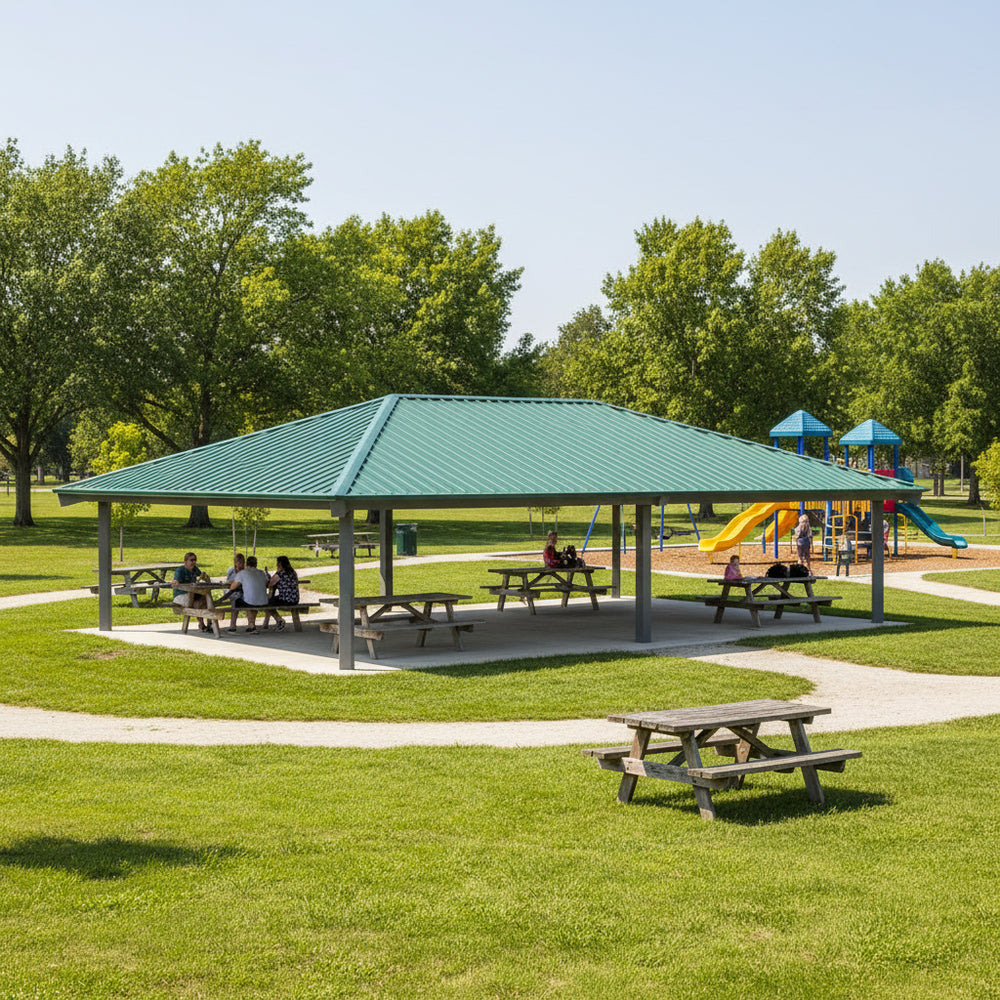 Three‑quarter view of large steel pavilion with green roof and grey columns