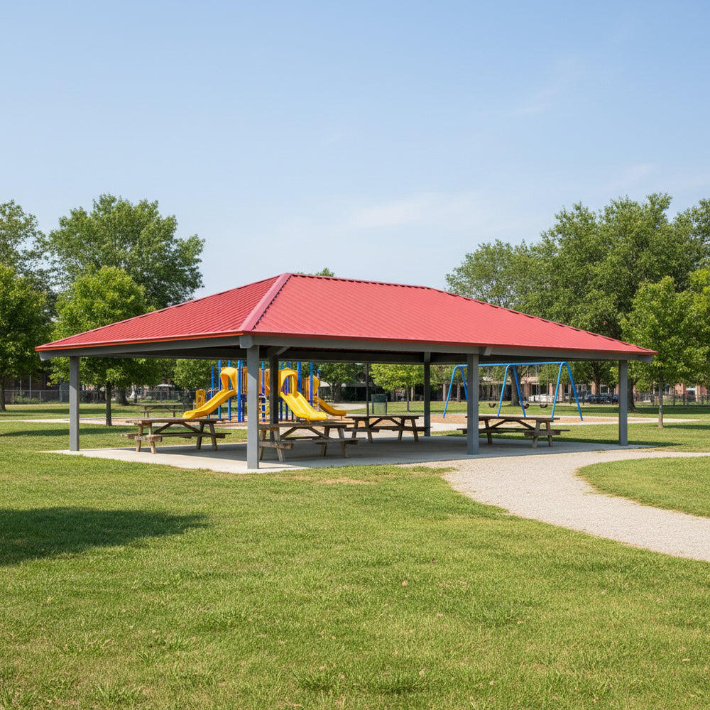 Outdoor architectural pavilion with green metal roof and rectangular steel frame