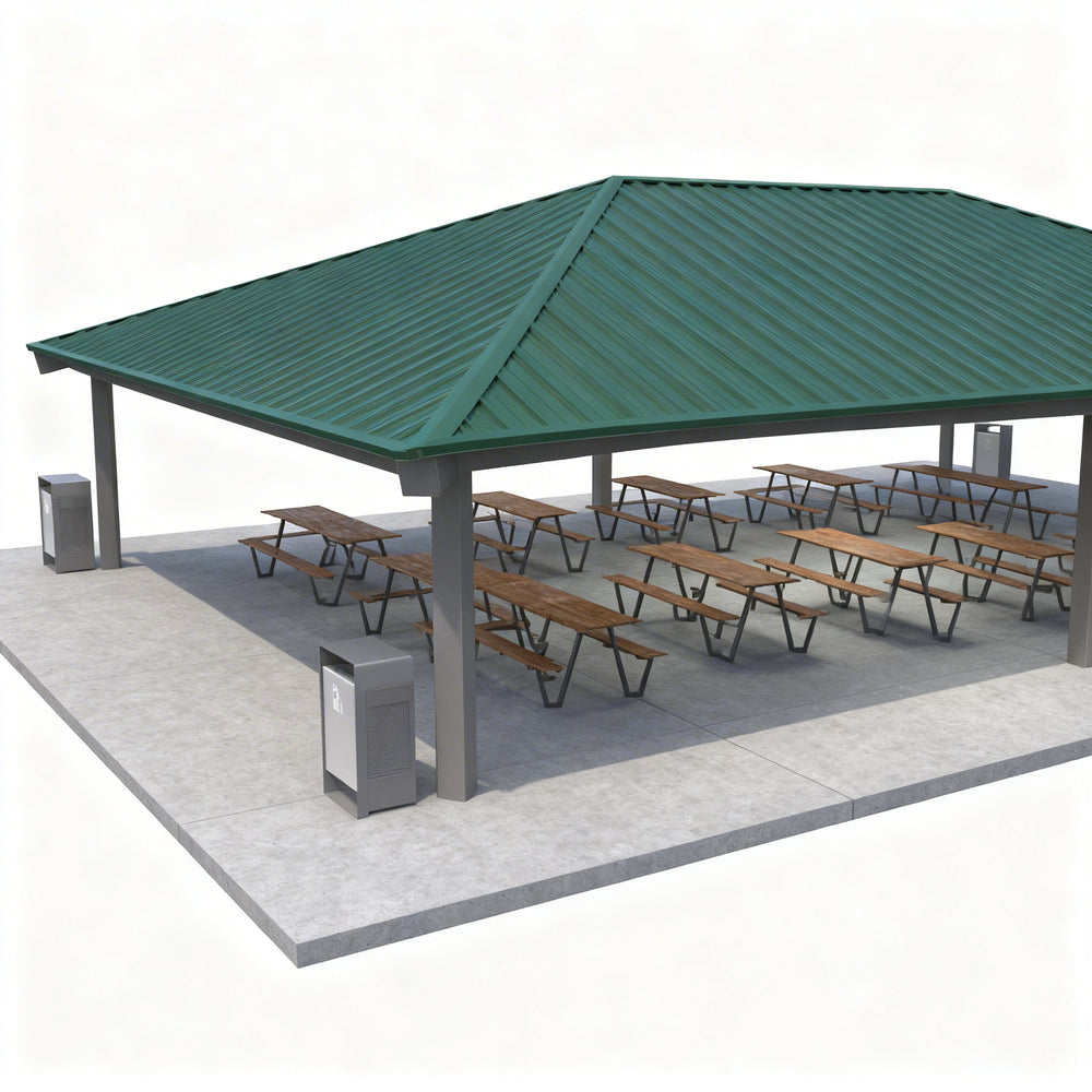 Rectangular one‑tier steel pavilion photographed on light‑colored surface