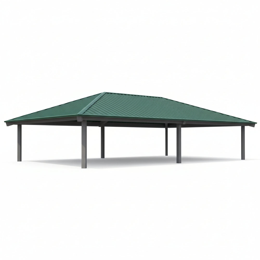 Rectangular steel pavilion with green hip roof and multiple support columns