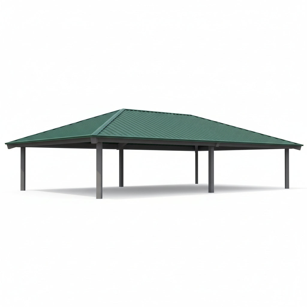 Rectangular steel pavilion with green hip roof and multiple support columns