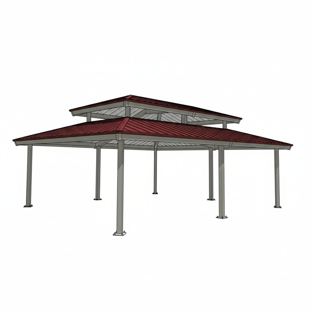 Rectangular two‑tier steel pavilion with red hip roof and grey support columns