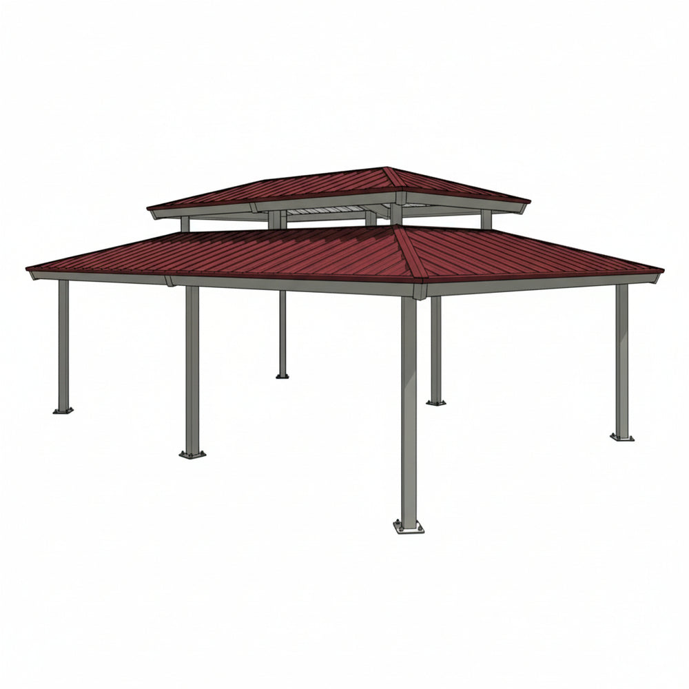Rectangular two‑tier steel pavilion with red hip roof and grey support columns