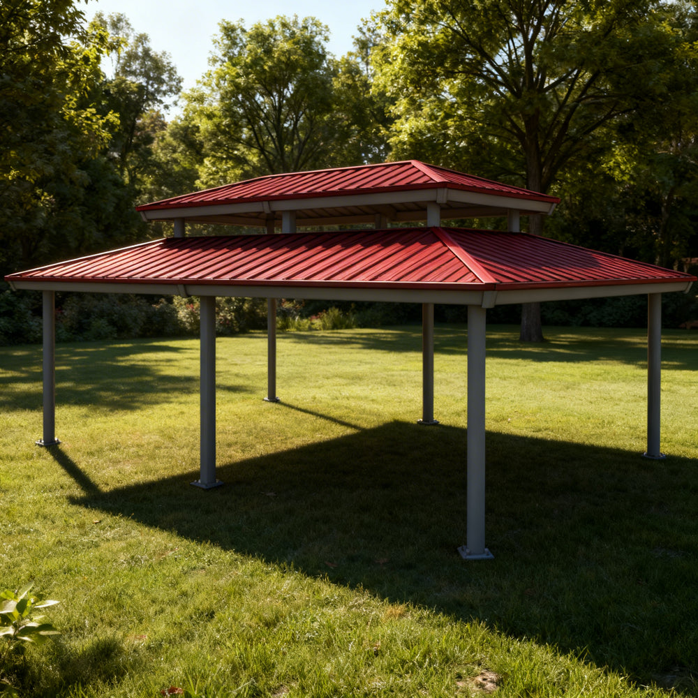 Rectangular two‑tier steel pavilion photographed in landscaped outdoor setting