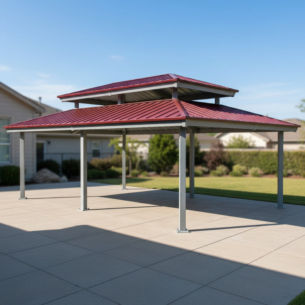 Rectangular two‑tier steel pavilion photographed in landscaped outdoor setting
