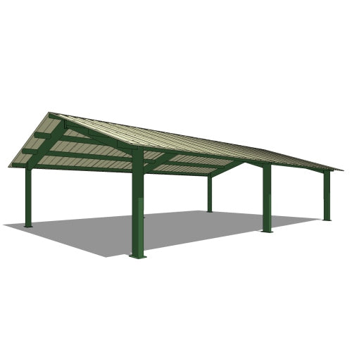 Rectangular gabled steel pavilion photographed in landscaped outdoor setting
