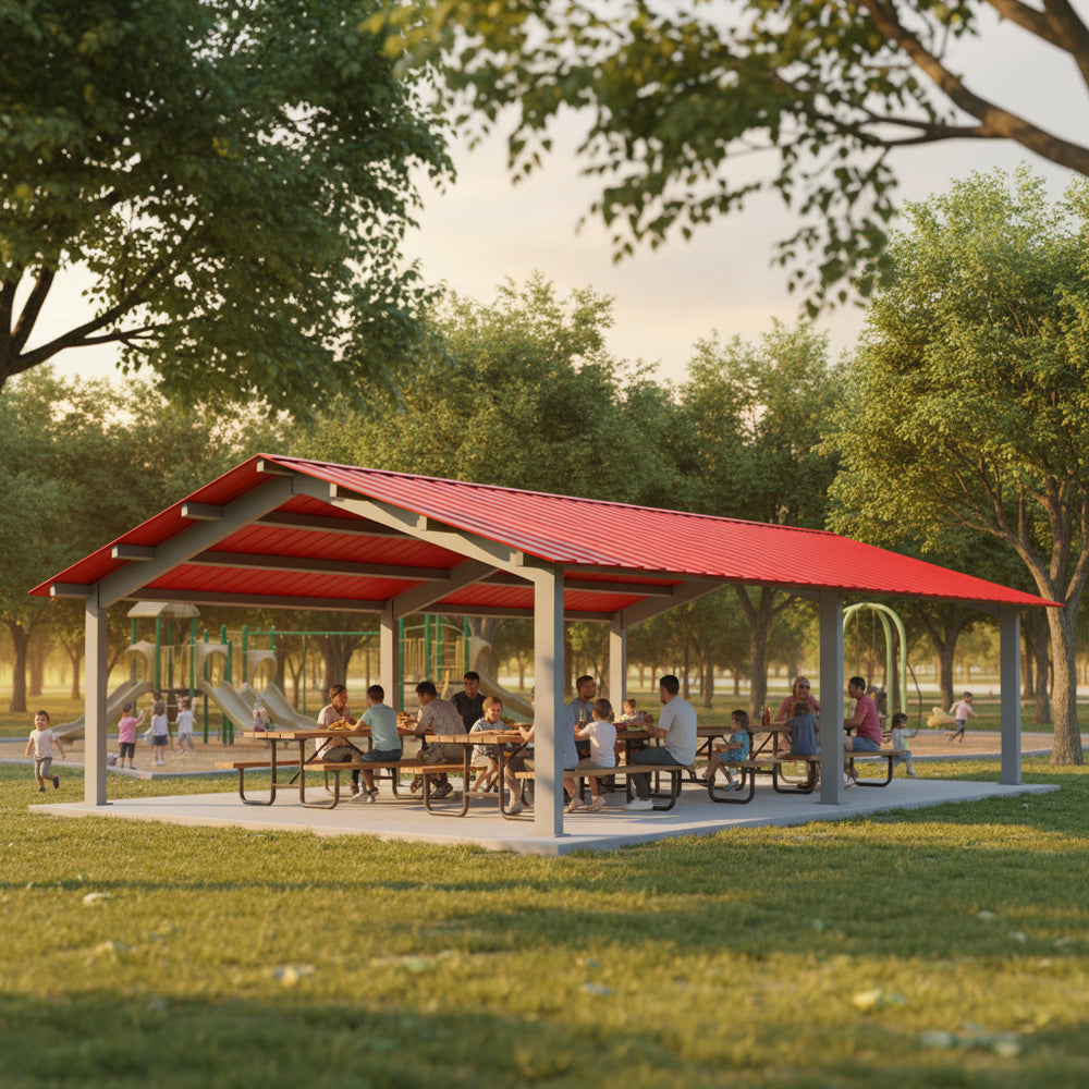Side angle of rectangular steel shelter with open‑air layout and red roof.