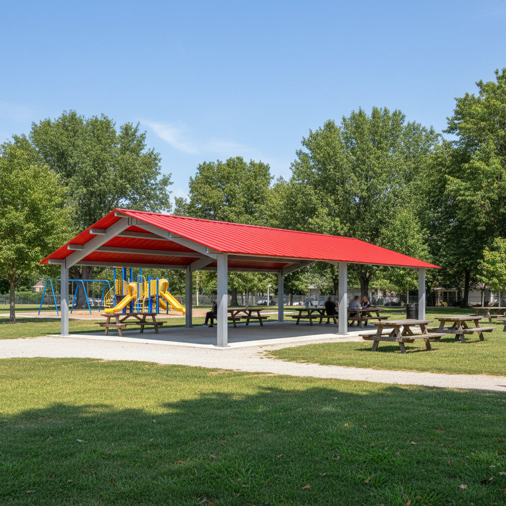 Front view of rectangular metal pavilion featuring pitched gabled roof.
