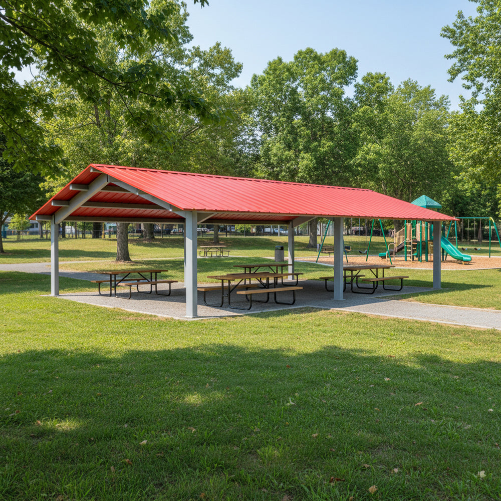 Three‑quarter view of steel pavilion with red gabled roof and grey columns
