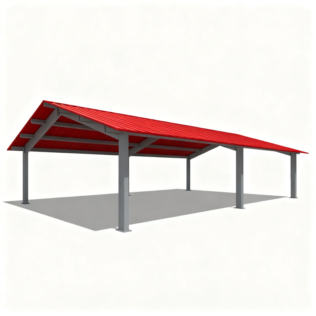 Rectangular gabled steel shelter with red roof and grey support columns