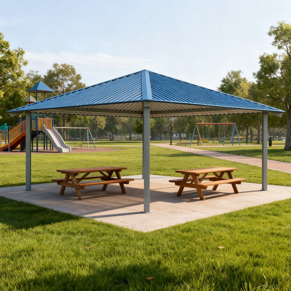 Square one‑tier steel gazebo photographed on concrete base