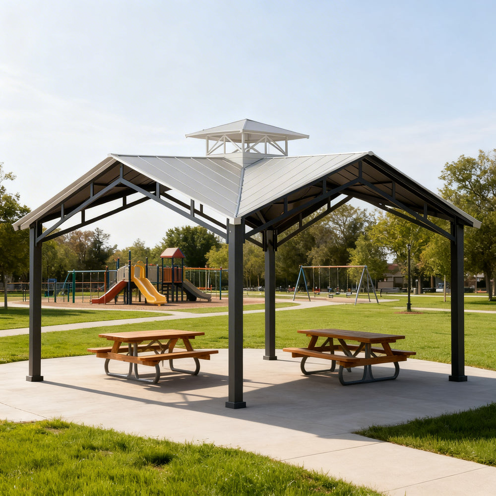 Square steel gazebo with cupola roof and exposed cross‑beam structure