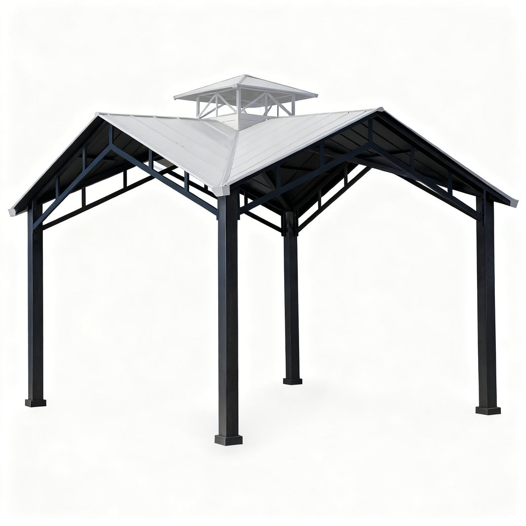 Front view of square metal pavilion featuring cupola‑vented roof