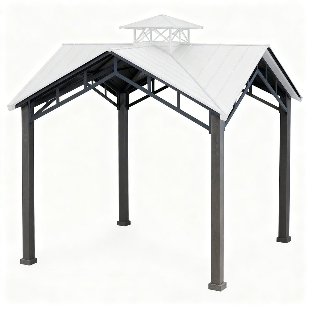 Front view of square metal pavilion featuring cupola‑vented roof