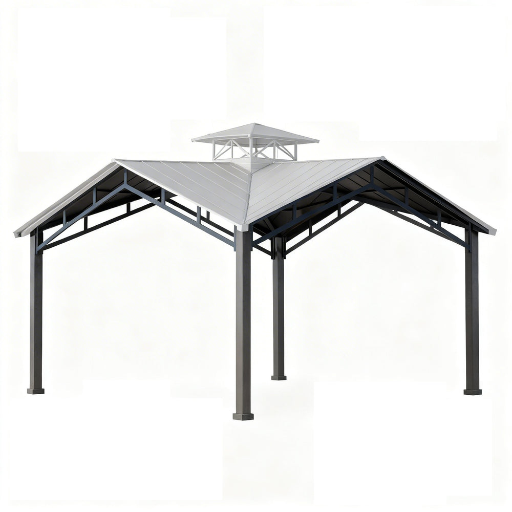 Close‑up of steel roof panels and cross‑beam trusses on pavilion