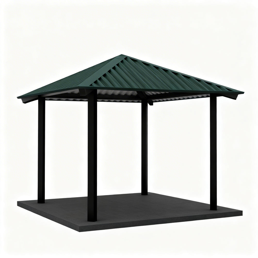 Square steel gazebo with blue metal hip roof and four support columns