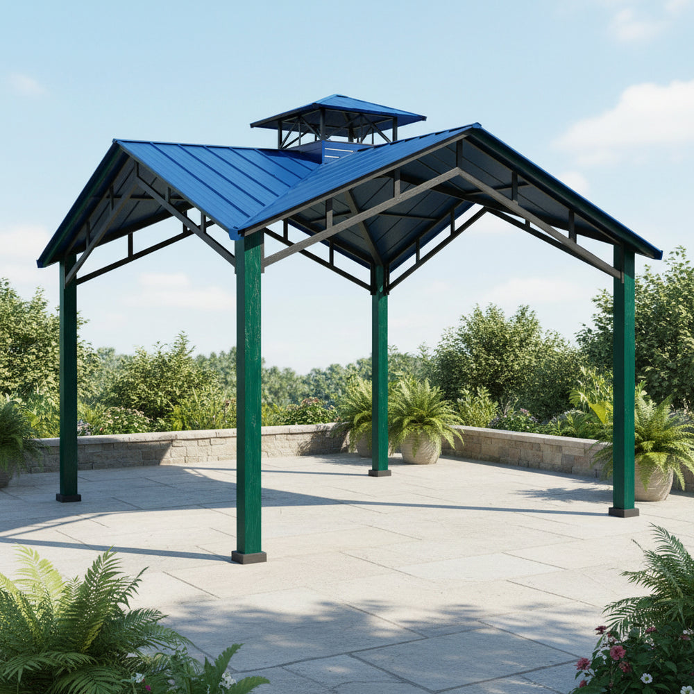 Full product view of square steel gazebo with cupola and modern design