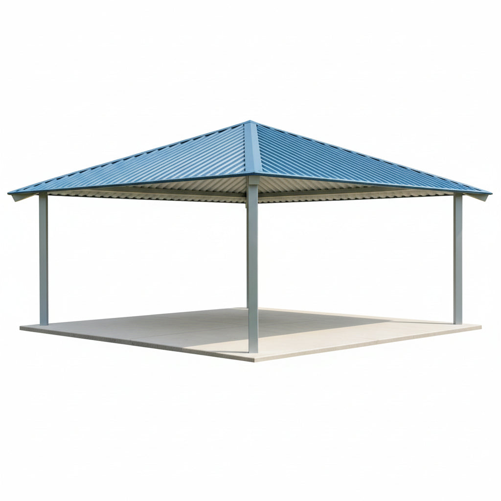 Square steel gazebo with blue metal hip roof and four support columns