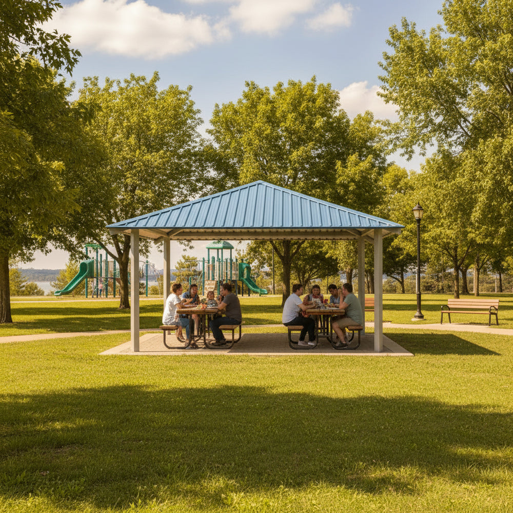 Full product view of square steel gazebo with hip roof and modern design.