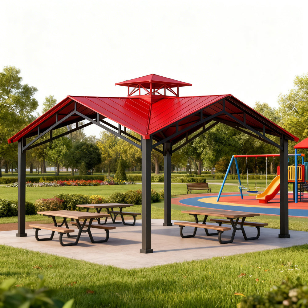 Outdoor architectural square pavilion with cupola and steel frame